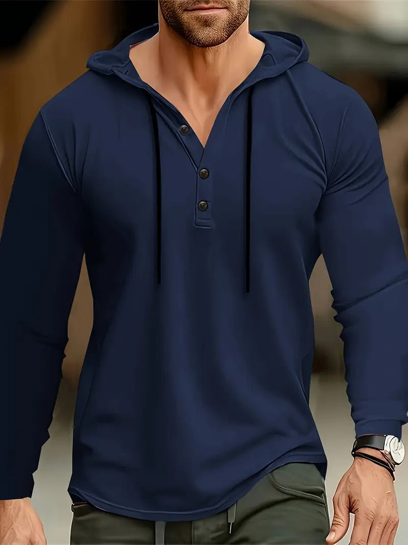 "Lichtgewicht heren hoodie voorkant met drie-knopen sluiting, ademende gebreide stof, ideaal voor casual en sportieve activit