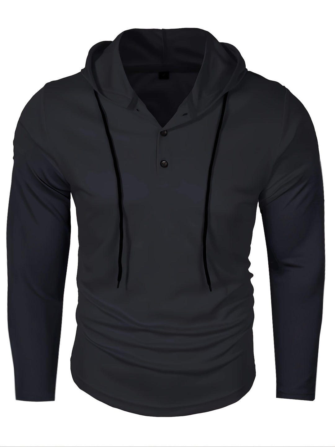"Lichtgewicht heren hoodie voorkant met drie-knopen sluiting, ademende gebreide stof, ideaal voor casual en sportieve activit