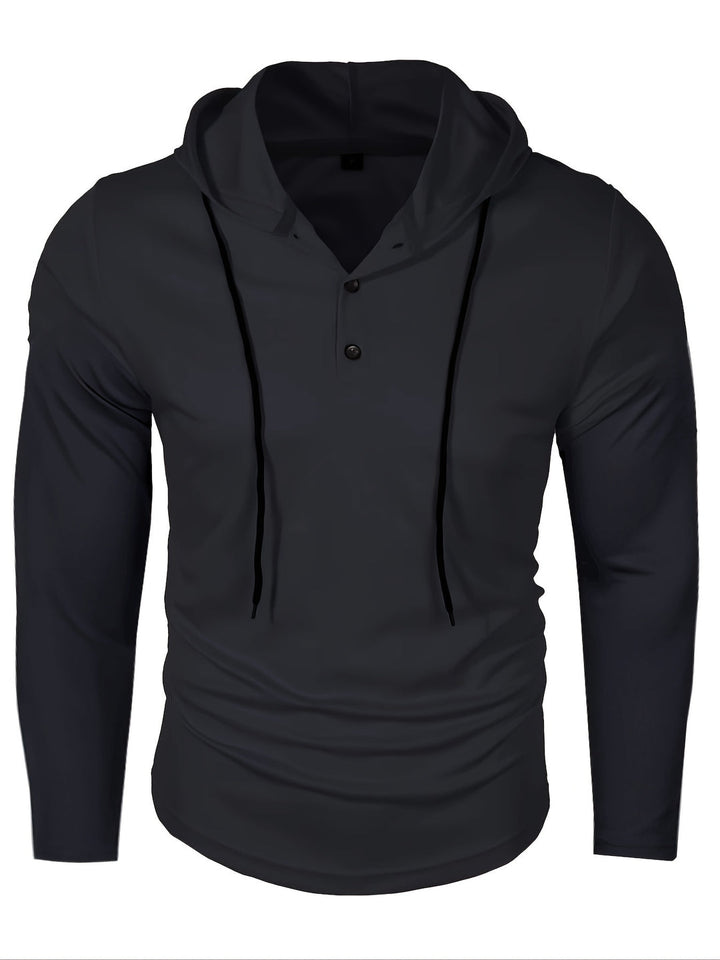 "Lichtgewicht heren hoodie voorkant met drie-knopen sluiting, ademende gebreide stof, ideaal voor casual en sportieve activit