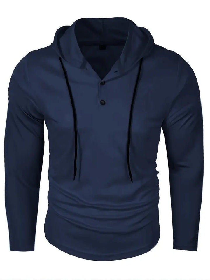 "Lichtgewicht heren hoodie voorkant met drie-knopen sluiting, ademende gebreide stof, ideaal voor casual en sportieve activit