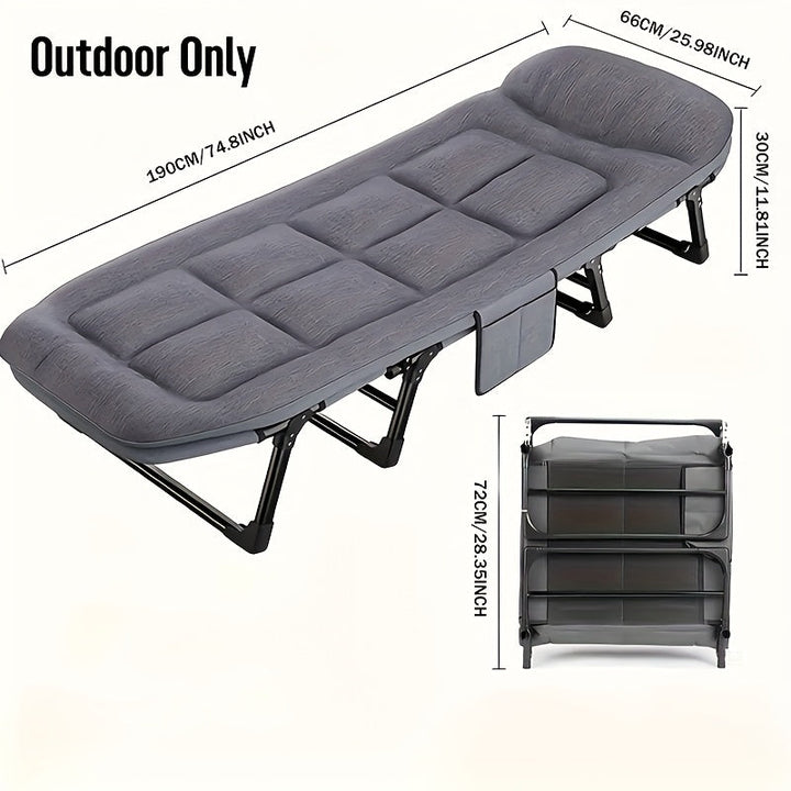 "Lichtgewicht opvouwbaar campingbed van aluminium en RVS in de natuur, ideaal voor kamperen en hiking avonturen."