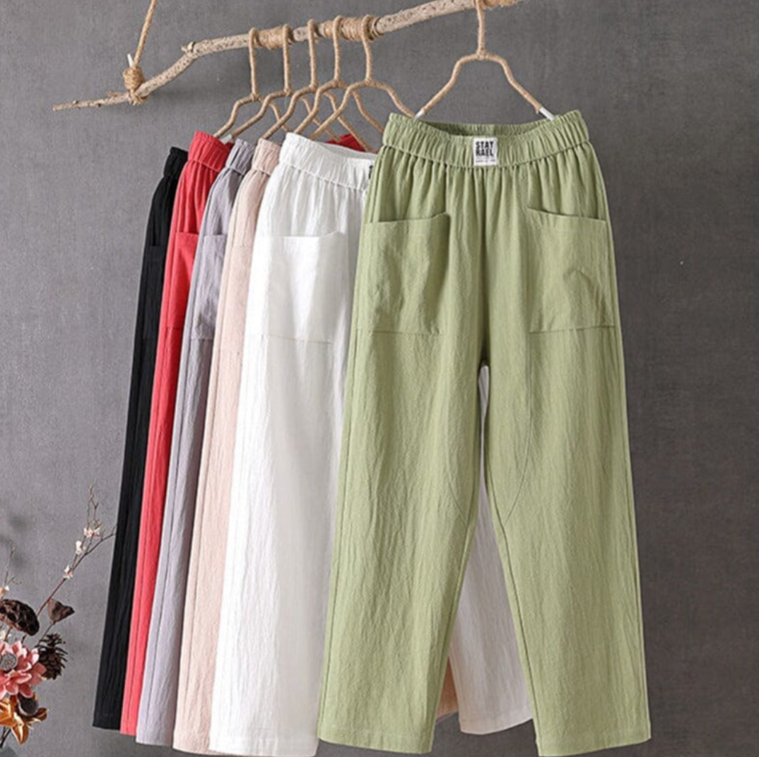 "Linnen broek heren met elastische taille, ademend en stijlvol, verkrijgbaar in groen, rood, en grijs."