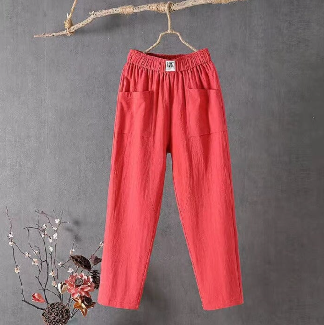 "Linnen broek heren met elastische taille, ademend en stijlvol, verkrijgbaar in groen, rood, en grijs."