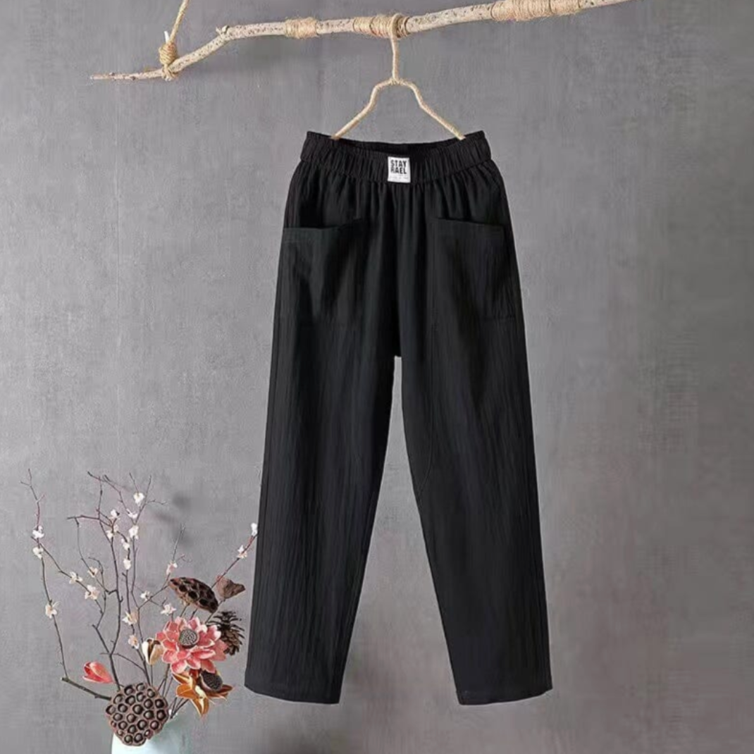 "Linnen broek heren met elastische taille, ademend en stijlvol, verkrijgbaar in groen, rood, en grijs."