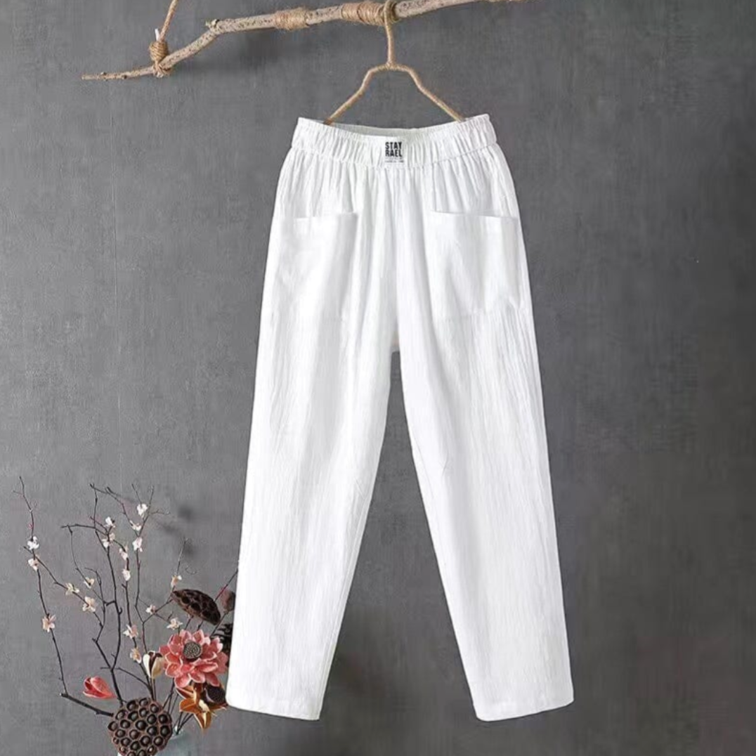 "Linnen broek heren met elastische taille, ademend en stijlvol, verkrijgbaar in groen, rood, en grijs."