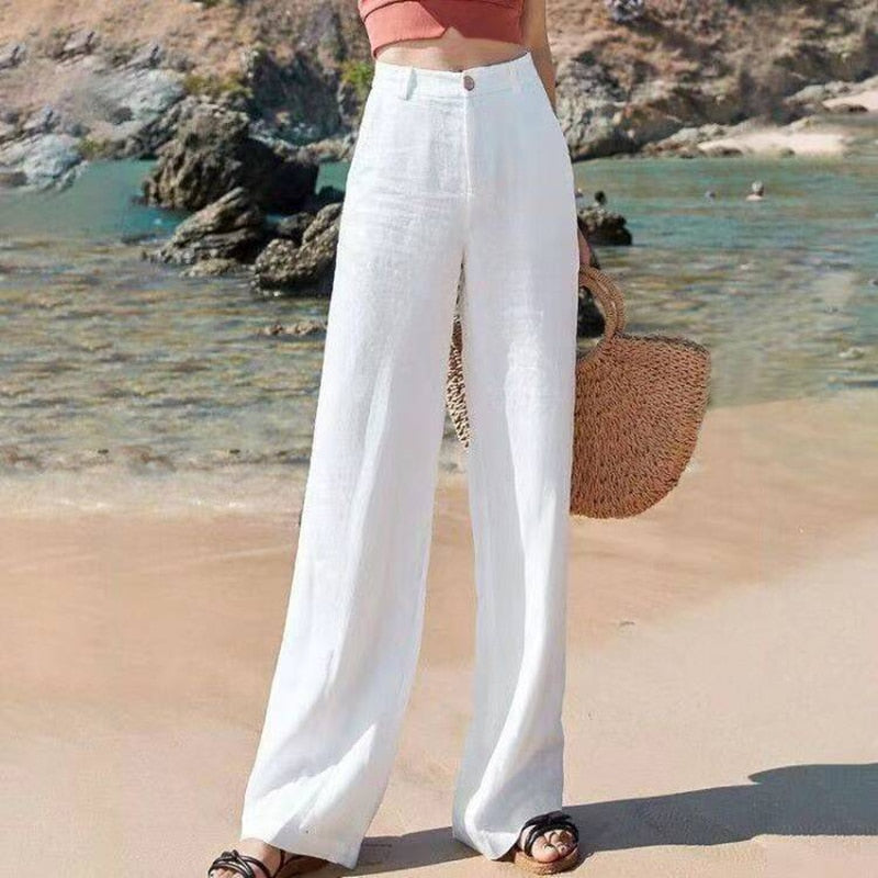 "Linnen dames zomersbroek, high waist, luchtige stof, wijde pijpen, elegant ontwerp, ideaal voor warme dagen."