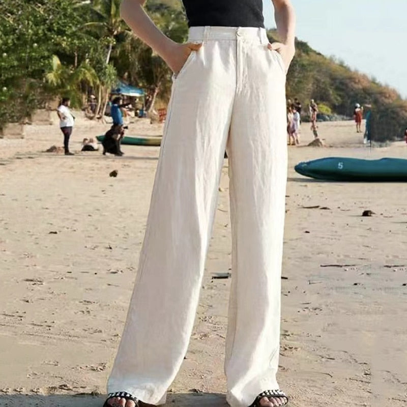 "Linnen dames zomersbroek, high waist, luchtige stof, wijde pijpen, elegant ontwerp, ideaal voor warme dagen."