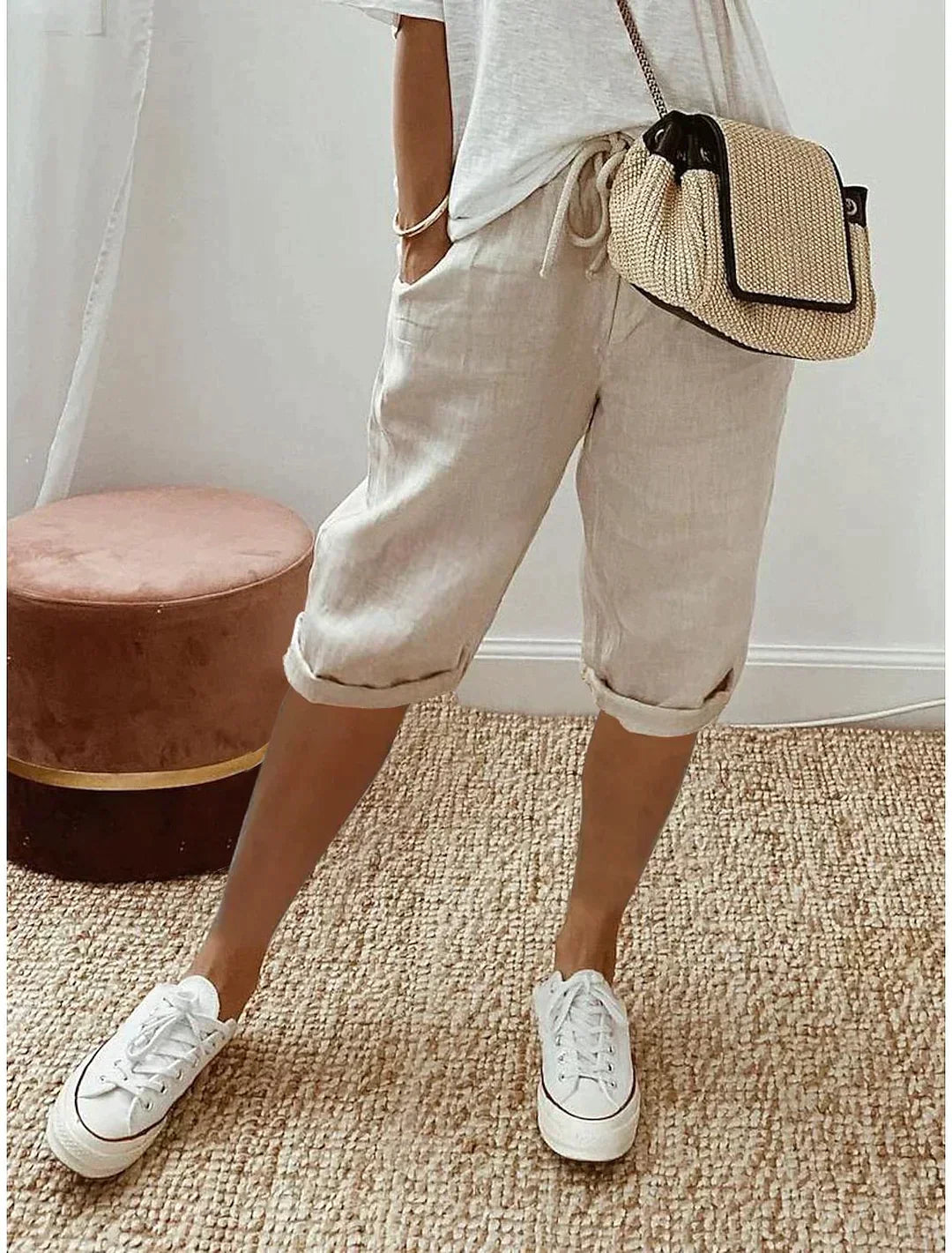 "Linnen zomerbroek dames, beige, blauw en groen, elegante stijl, ademend en comfortabel, perfect voor warme dagen."