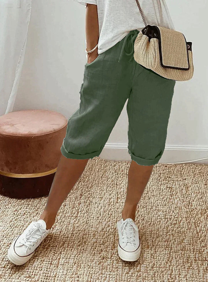 "Linnen zomerbroek dames, beige, blauw en groen, elegante stijl, ademend en comfortabel, perfect voor warme dagen."