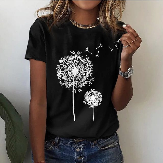 "Losvallend dames T-shirt met 3D paardenbloemprint, ideaal voor de zomer. Modieuze bloemenprint en comfortabele pasvorm."