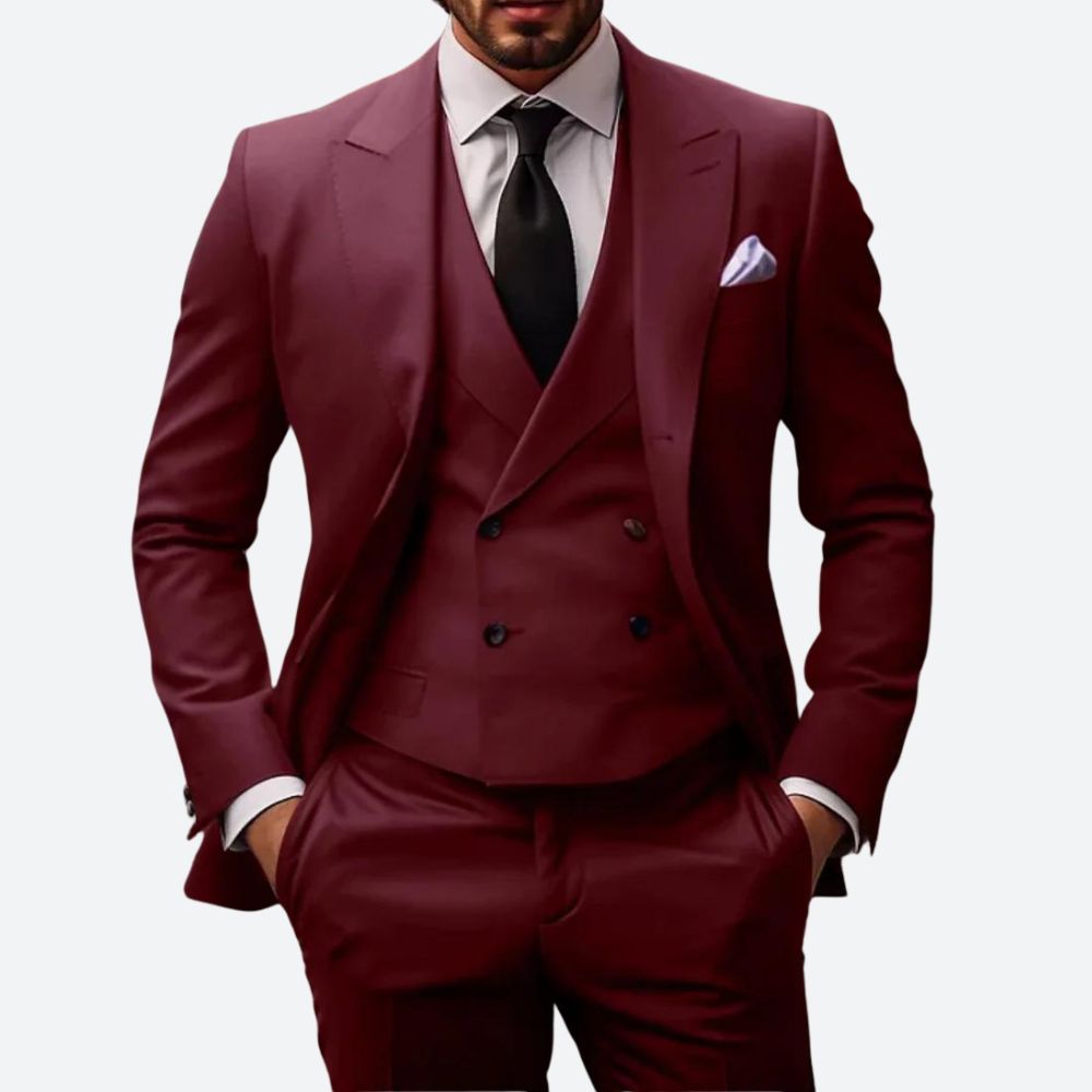 Luca 3-delig herenpak in donkerrood, elegant fit met colbert, broek en vest voor een verfijnde en stijlvolle uitstraling.