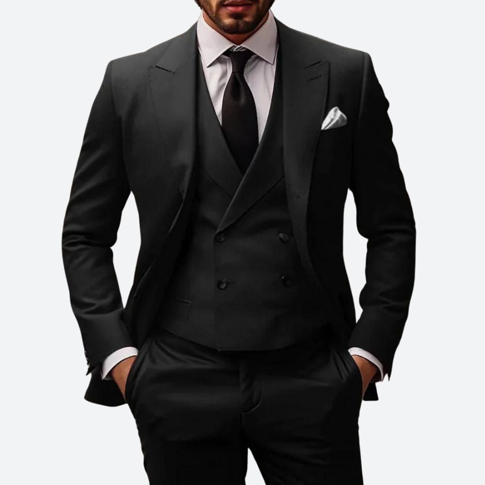 Luca 3-delig herenpak in donkerrood, elegant fit met colbert, broek en vest voor een verfijnde en stijlvolle uitstraling.