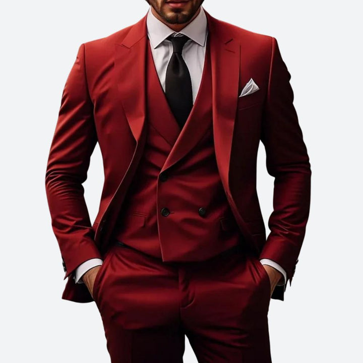 Luca 3-delig herenpak in donkerrood, elegant fit met colbert, broek en vest voor een verfijnde en stijlvolle uitstraling.