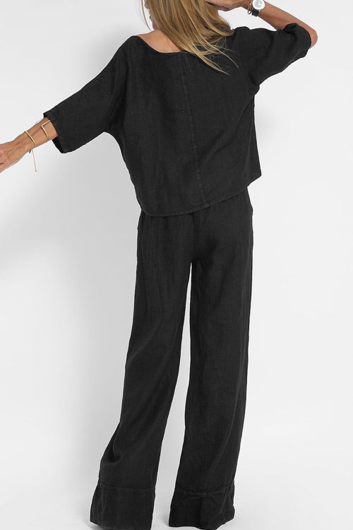 "Luchtig katoen-linnen damespak, cropped top en hoge taille broek, casual chic voor de zomer, comfortabel en stijlvol."