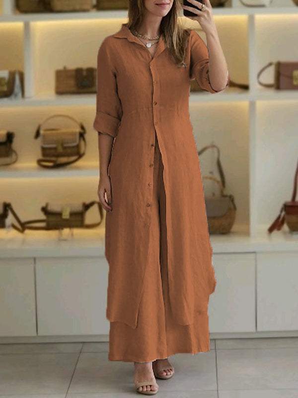 "Luchtige linnen dames set met lange mouwen en flared broek, stijlvol en comfortabel voor elke gelegenheid."