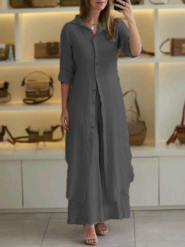 "Luchtige linnen dames set met lange mouwen en flared broek, stijlvol en comfortabel voor elke gelegenheid."
