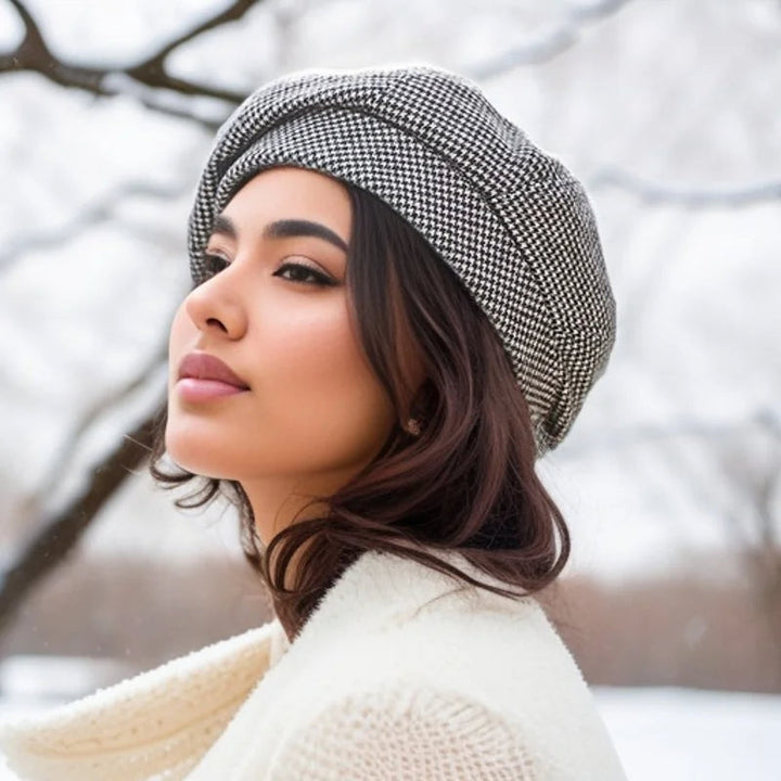 "Luna Stijlvolle Muts: elegante warme muts in beige, gestyled met Parijse flair voor dames"
