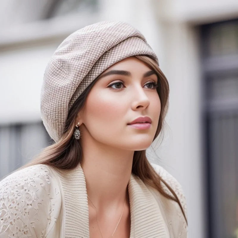 "Luna Stijlvolle Muts: elegante warme muts in beige, gestyled met Parijse flair voor dames"