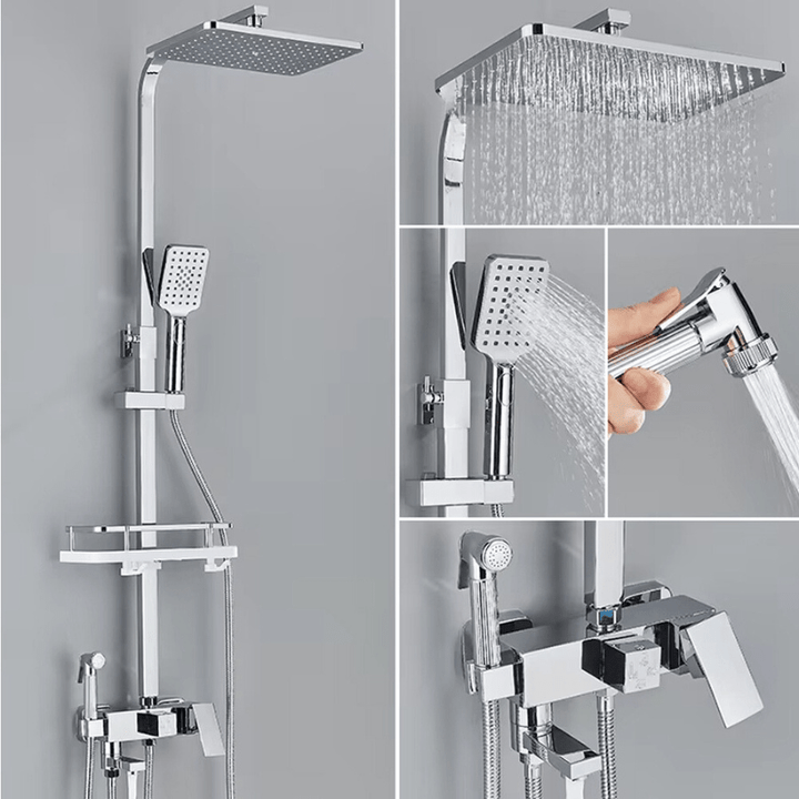 "Luxe AquaFlow doucheset met messing mengkraan en regen douchekop, glimmende chroomafwerking, elegant ontwerp."