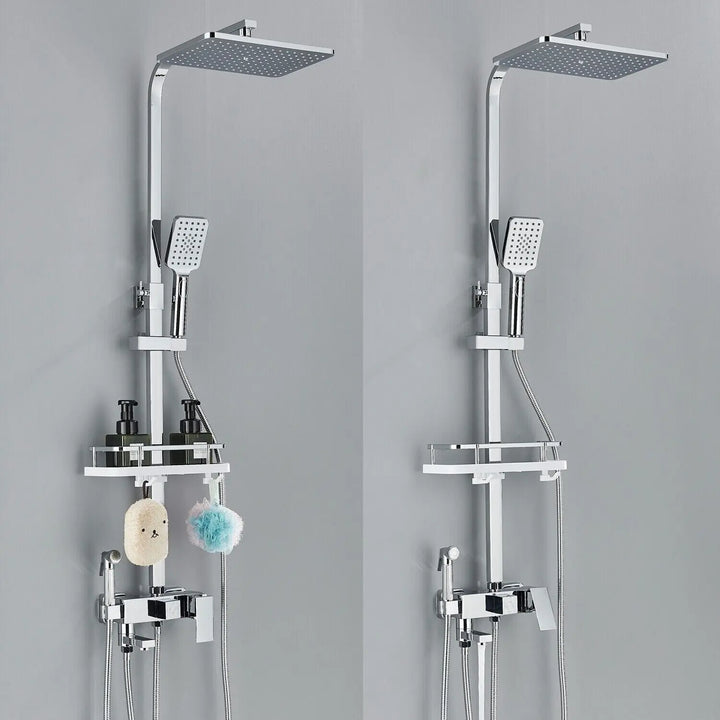 "Luxe AquaFlow doucheset met messing mengkraan en regen douchekop, glimmende chroomafwerking, elegant ontwerp."