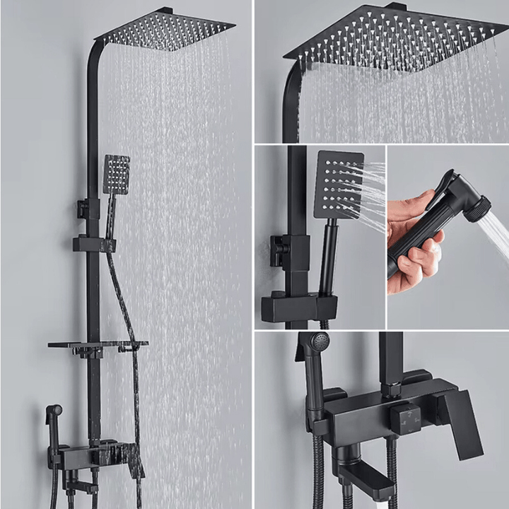 "Luxe AquaFlow doucheset met messing mengkraan en regen douchekop, glimmende chroomafwerking, elegant ontwerp."