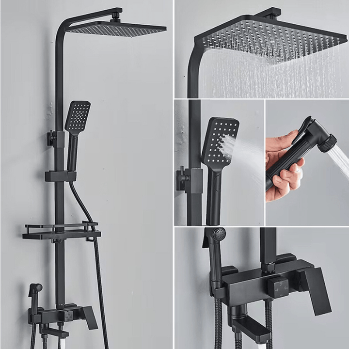 "Luxe AquaFlow doucheset met messing mengkraan en regen douchekop, glimmende chroomafwerking, elegant ontwerp."