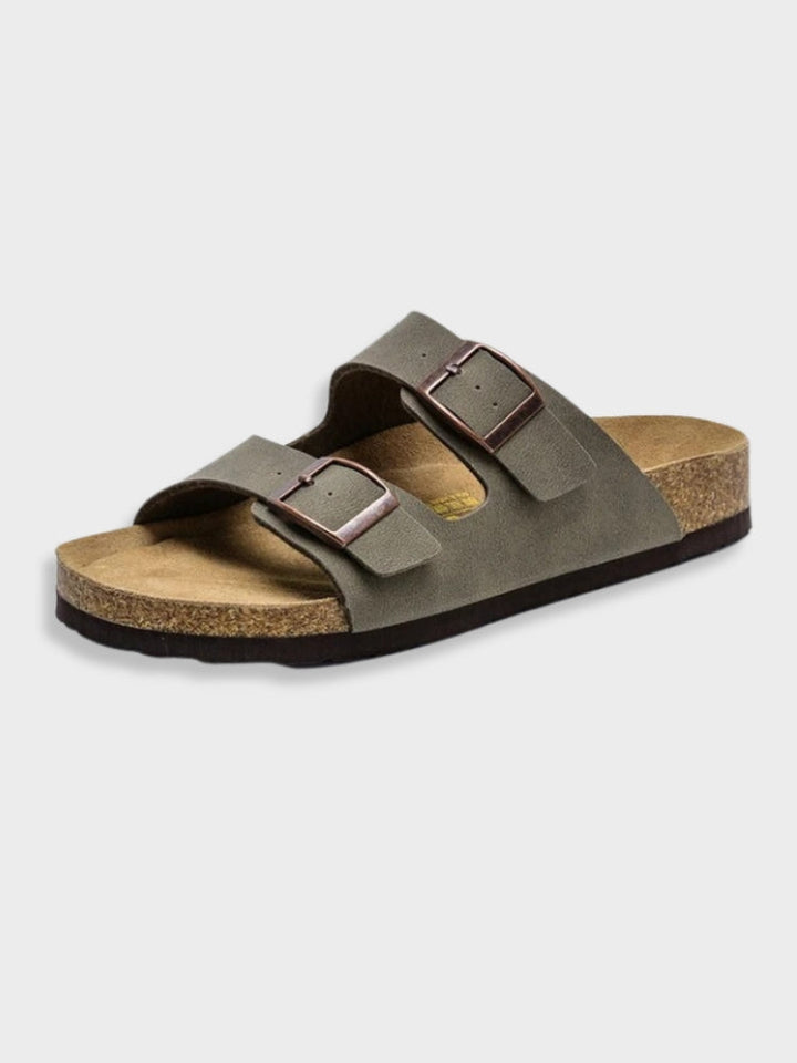 "Luxe Arizona-stijl herenslippers, grijs, dubbele banden, hoogwaardig voetbed, stijlvolle keuze voor comfort en elegantie."