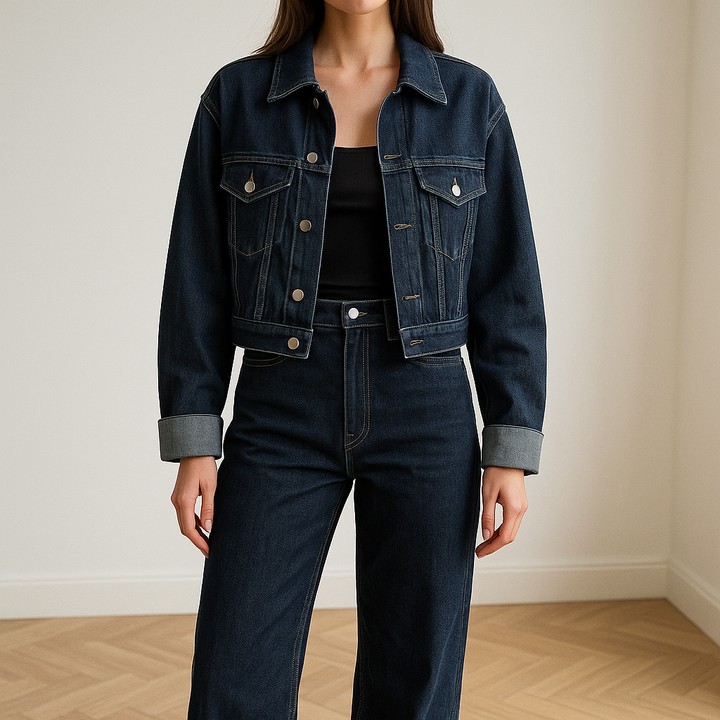Luxe denim dames set in stijlvolle snit met top en broek, biedt comfort en flatterende pasvorm voor elke gelegenheid.