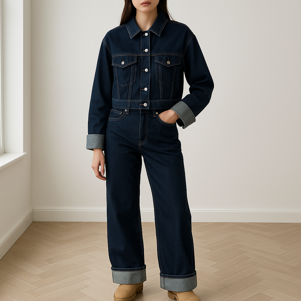 Luxe denim dames set in stijlvolle snit met top en broek, biedt comfort en flatterende pasvorm voor elke gelegenheid.
