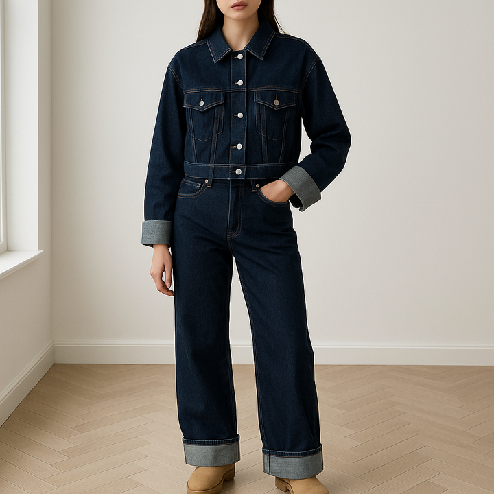 Luxe denim dames set in stijlvolle snit met top en broek, biedt comfort en flatterende pasvorm voor elke gelegenheid.