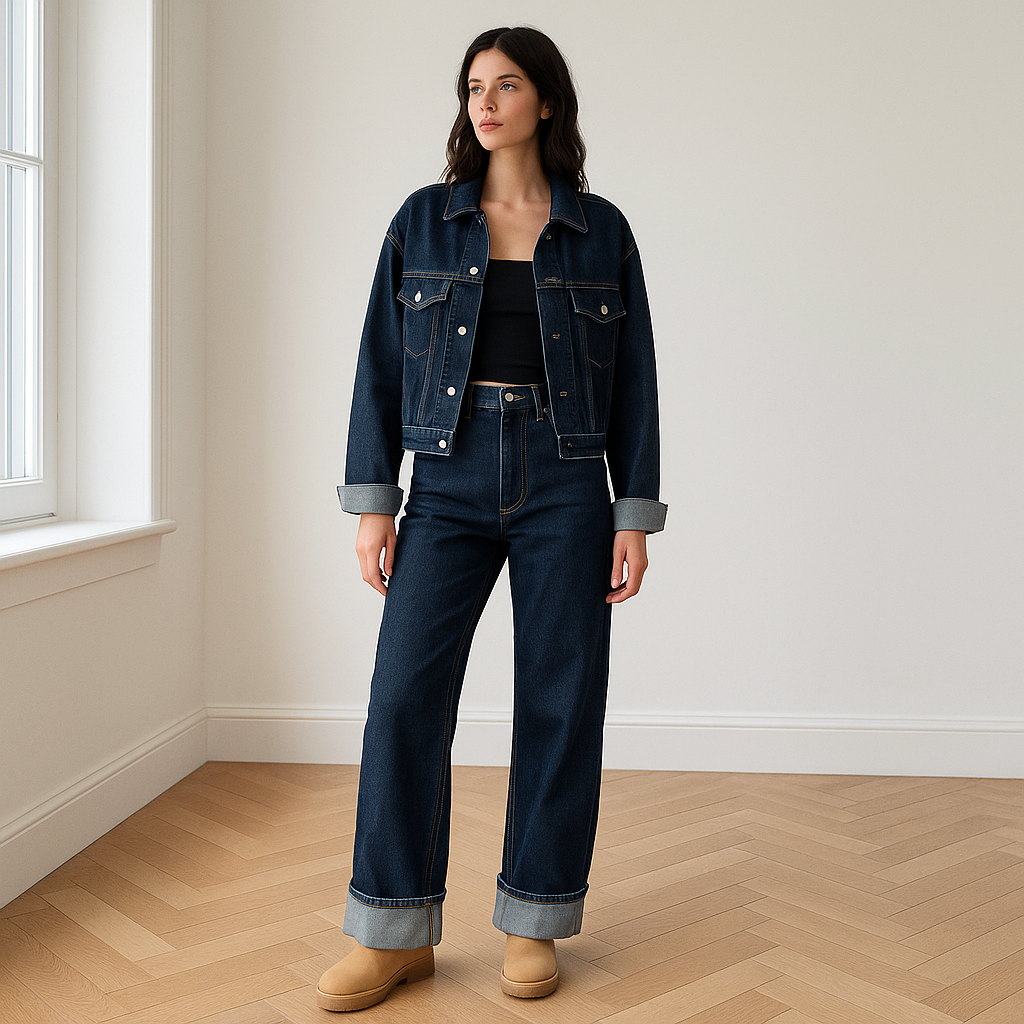 Luxe denim dames set in stijlvolle snit met top en broek, biedt comfort en flatterende pasvorm voor elke gelegenheid.
