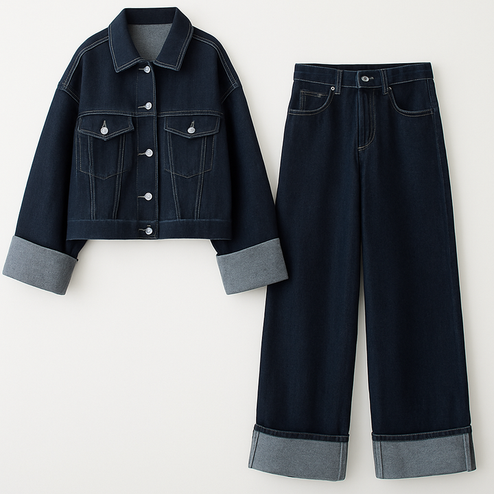 Luxe denim dames set in stijlvolle snit met top en broek, biedt comfort en flatterende pasvorm voor elke gelegenheid.
