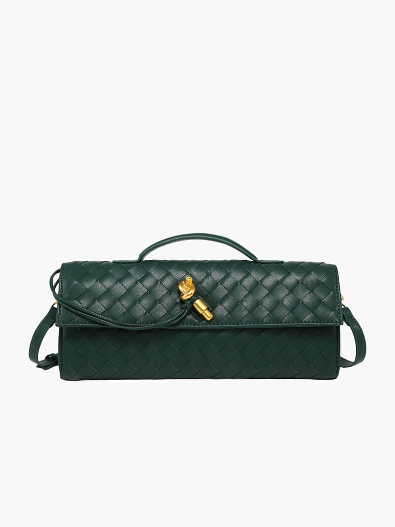 "Luxe geweven handtas in zwart met gouden sluiting, elegant en stijlvol ontwerp voor dames, ideaal voor elke gelegenheid."