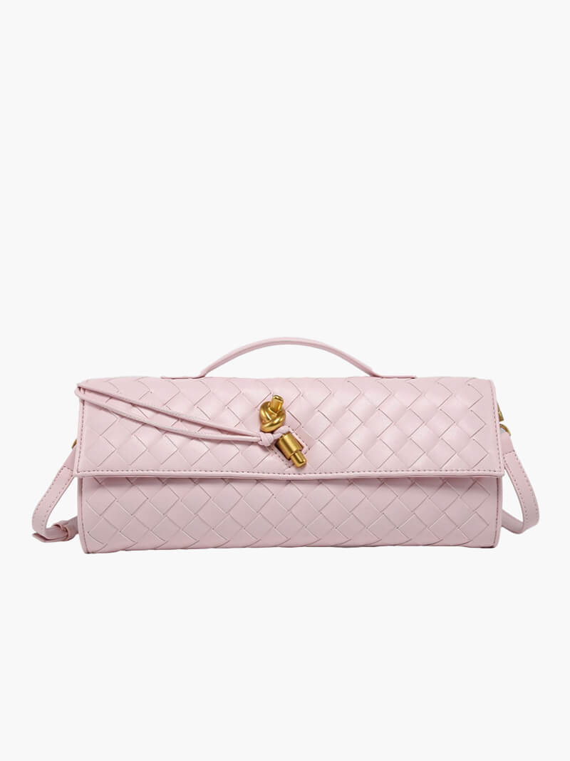 "Luxe geweven handtas in zwart met gouden sluiting, elegant en stijlvol ontwerp voor dames, ideaal voor elke gelegenheid."