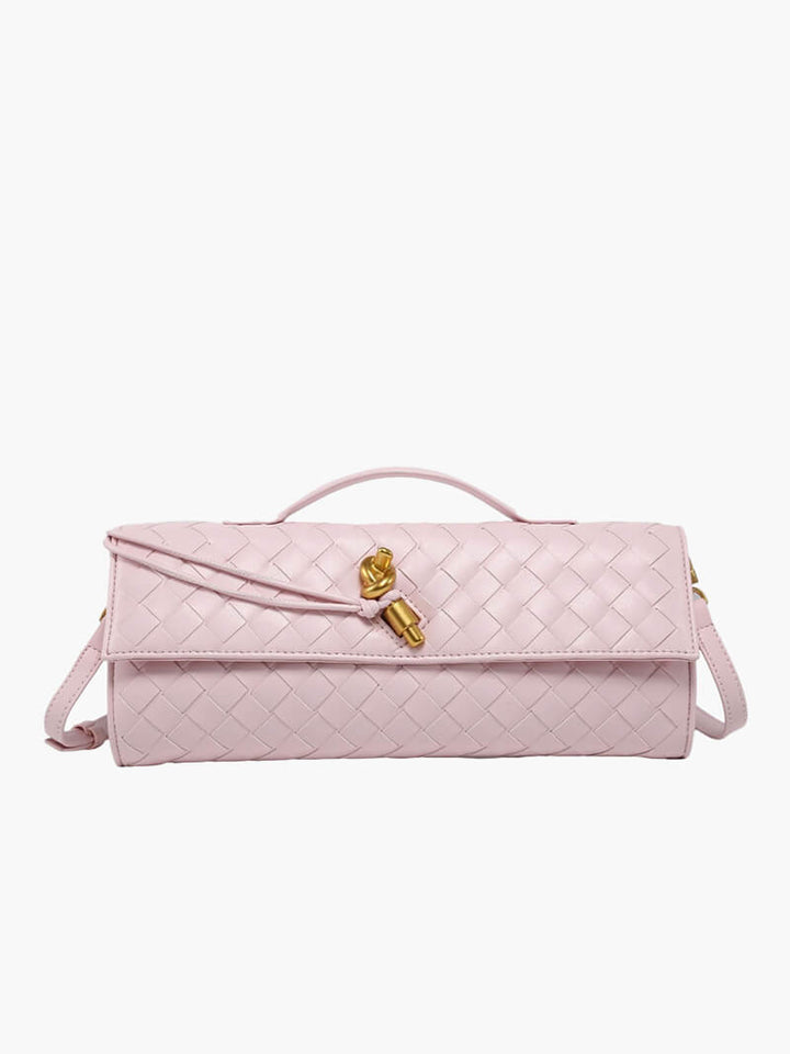 "Luxe geweven handtas in zwart met gouden sluiting, elegant en stijlvol ontwerp voor dames, ideaal voor elke gelegenheid."