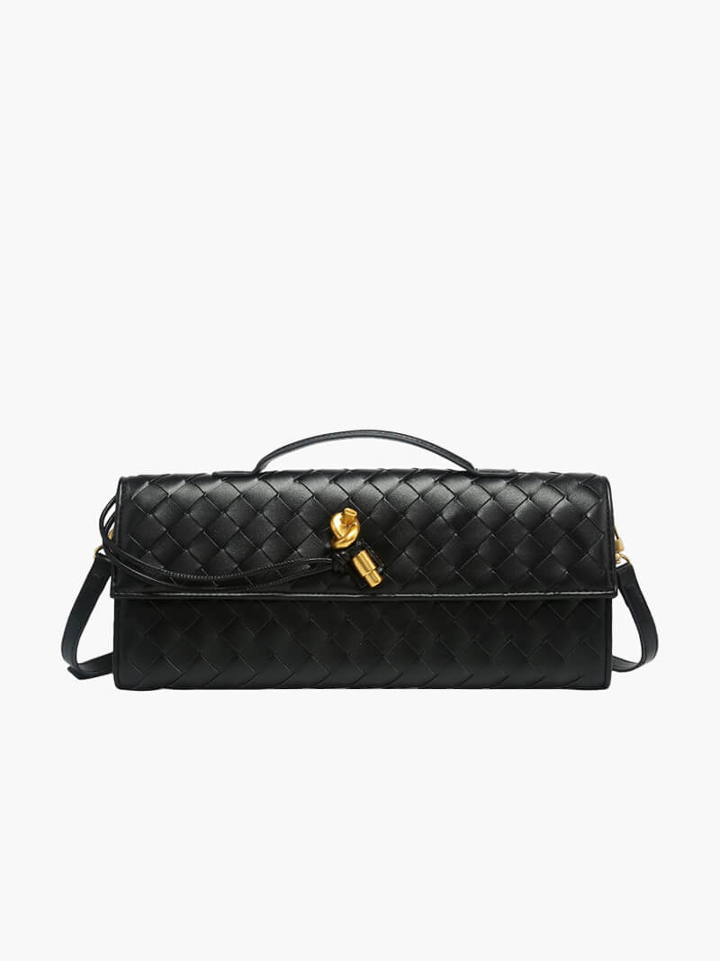 "Luxe geweven handtas in zwart met gouden sluiting, elegant en stijlvol ontwerp voor dames, ideaal voor elke gelegenheid."