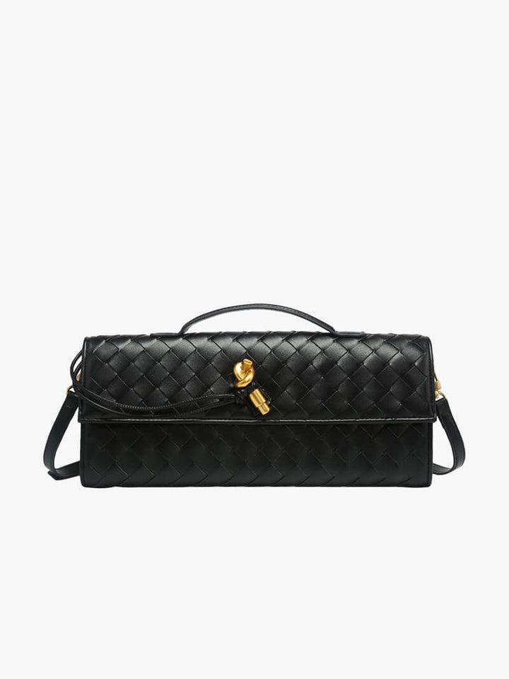 "Luxe geweven handtas in zwart met gouden sluiting, elegant en stijlvol ontwerp voor dames, ideaal voor elke gelegenheid."