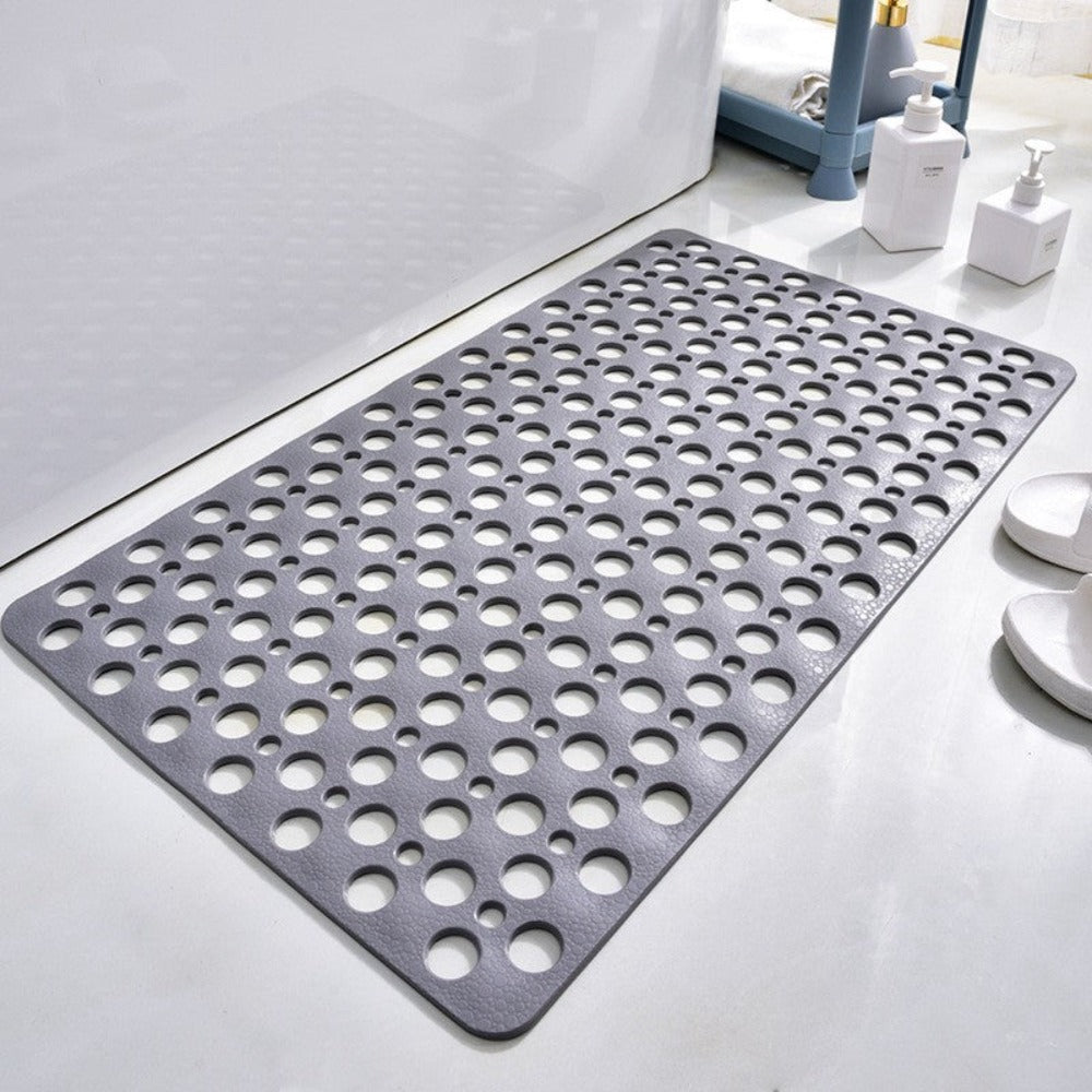 "Luxe grijze antislip douchemat met veilige zuignappen, schimmelbestendig design en efficiënt drainagesysteem voor hygiëne."