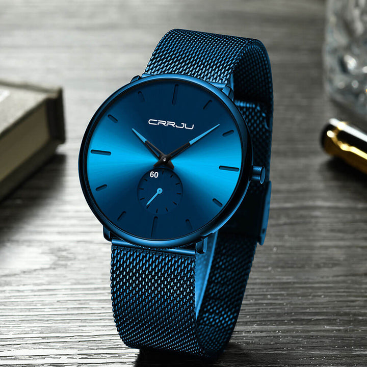 "Luxe heren quartz horloge, minimalistisch design, 40mm wijzerplaat, slanke kast, 3-bar waterbestendig."