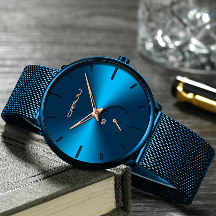 "Luxe heren quartz horloge, minimalistisch design, 40mm wijzerplaat, slanke kast, 3-bar waterbestendig."