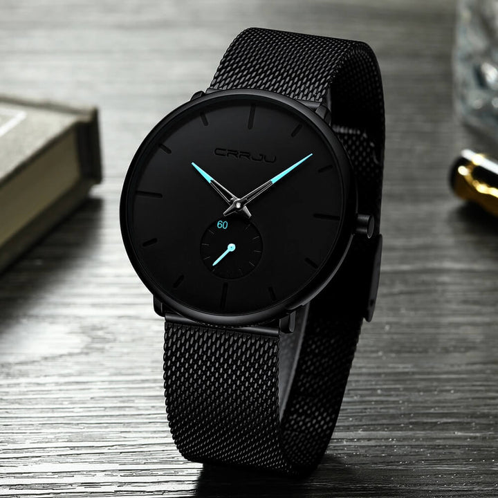 "Luxe heren quartz horloge, minimalistisch design, 40mm wijzerplaat, slanke kast, 3-bar waterbestendig."
