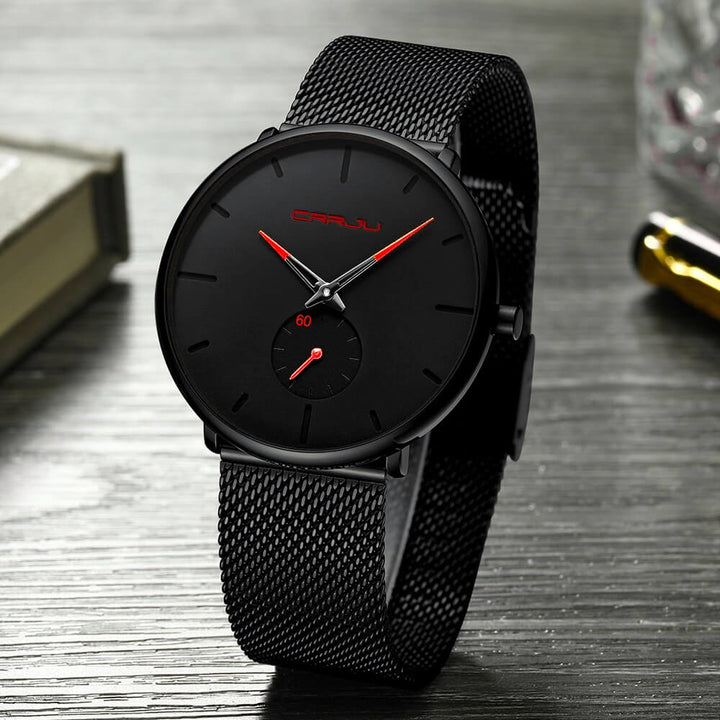 "Luxe heren quartz horloge, minimalistisch design, 40mm wijzerplaat, slanke kast, 3-bar waterbestendig."