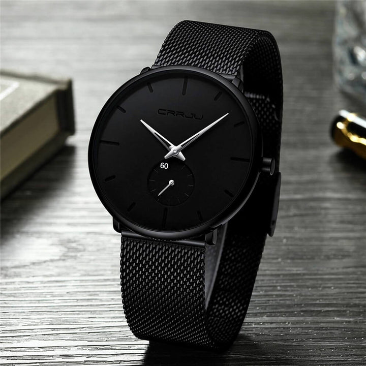 "Luxe heren quartz horloge, minimalistisch design, 40mm wijzerplaat, slanke kast, 3-bar waterbestendig."