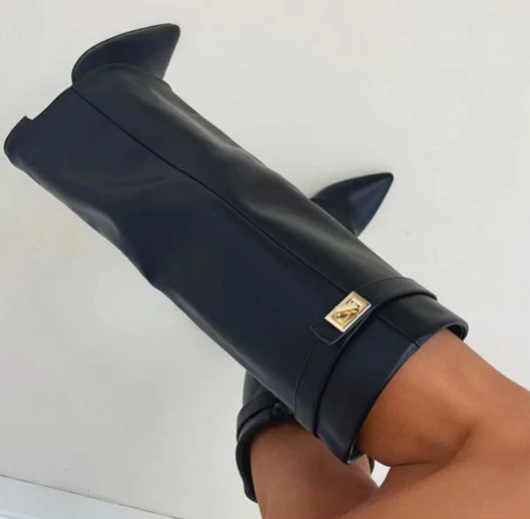 "Luxe hoge beige laarzen met flap en blokhak, elegant leren design, dames schoenen, comfortabel en veelzijdig voor elke stijl