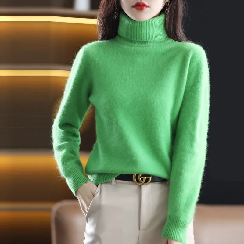 "Luxe kasjmier coltrui voor dames, elegant ontwerp, 100% kasjmier, avocadogroen, herfst-winter, warm en stijlvol."