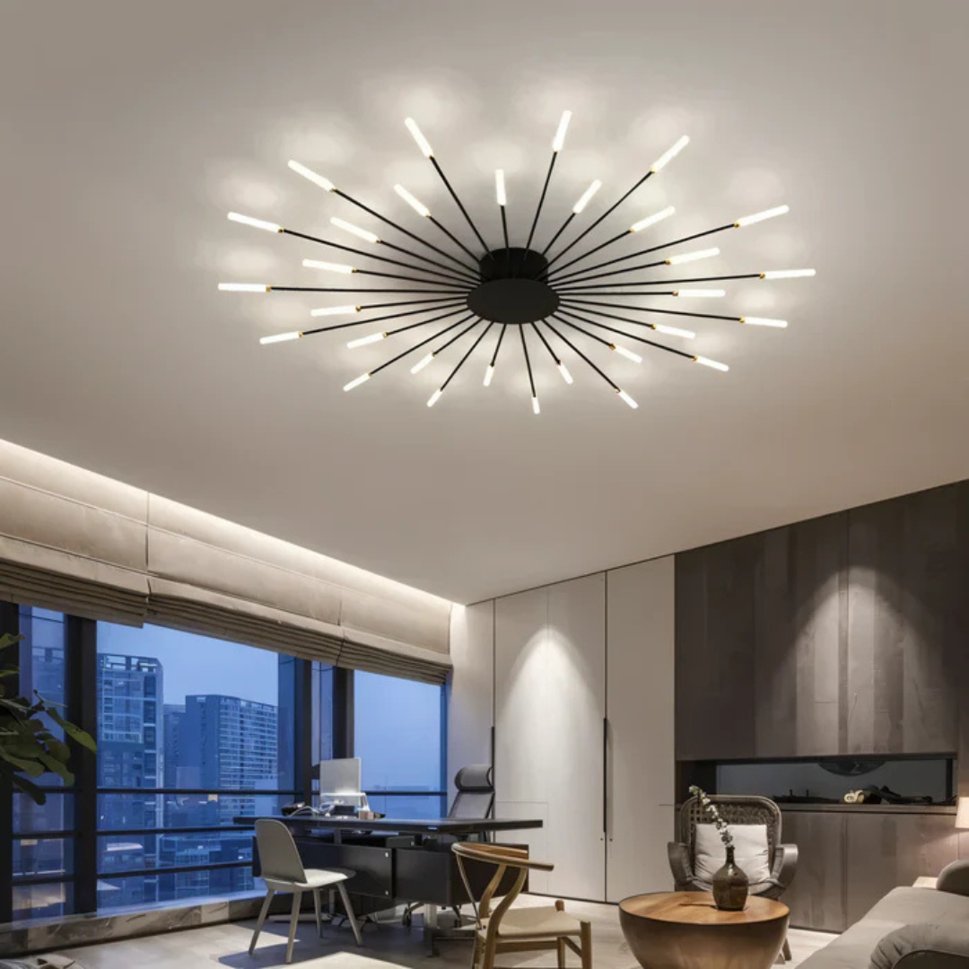 "Luxe LED plafondlamp, modern design met goud en zwart, stijlvolle woonkamerverlichting, energiezuinig met LED-licht."