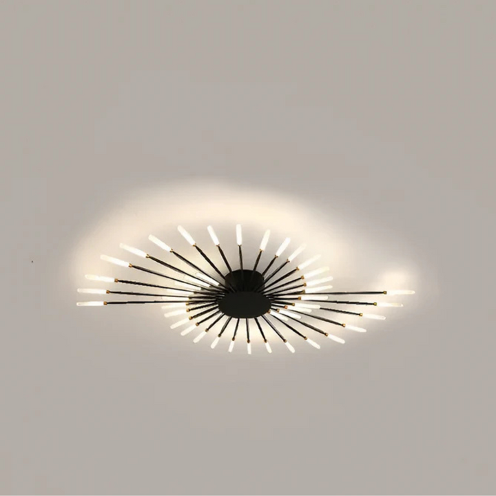 "Luxe LED plafondlamp, modern design met goud en zwart, stijlvolle woonkamerverlichting, energiezuinig met LED-licht."