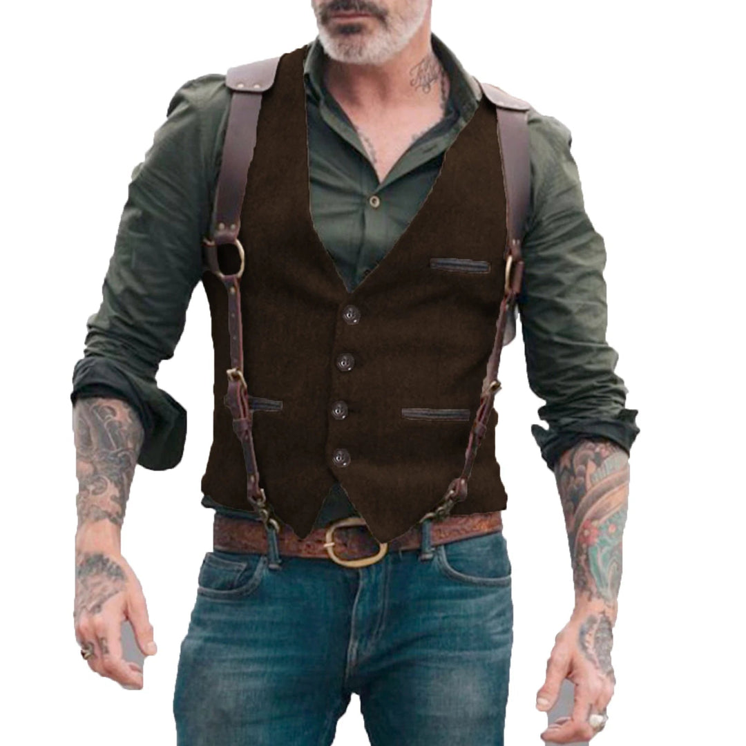 "Luxe legergroen herringbone gilet voor heren, ideaal voor formele gelegenheden, gemaakt van katoen, wol en kasjmier."