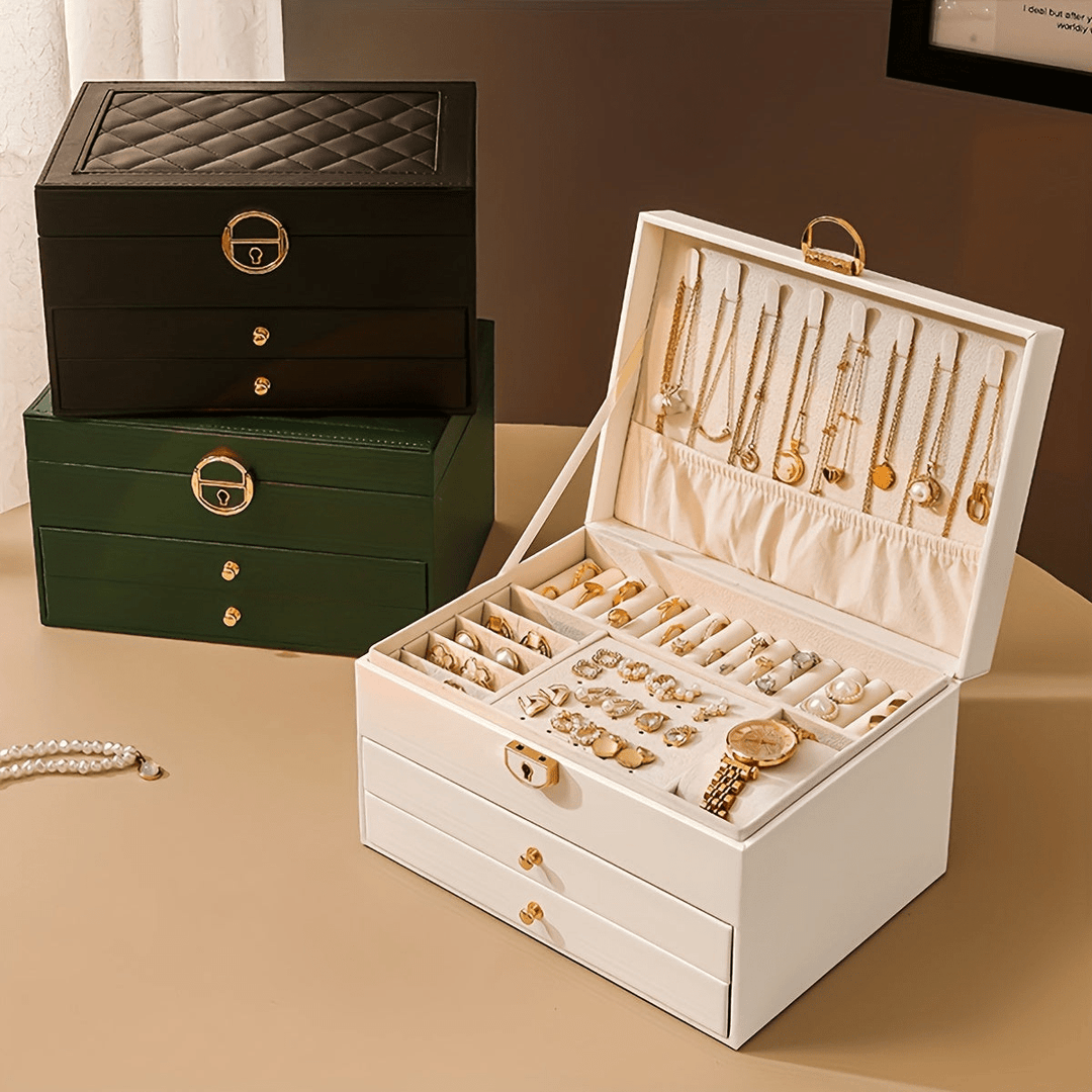 "Luxe sieraden organizer box met vakken voor kettingen, ringen en armbanden, elegant en praktisch ontwerp."