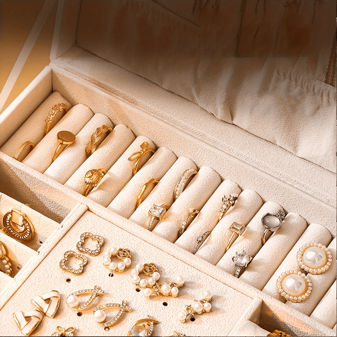 "Luxe sieraden organizer box met vakken voor kettingen, ringen en armbanden, elegant en praktisch ontwerp."